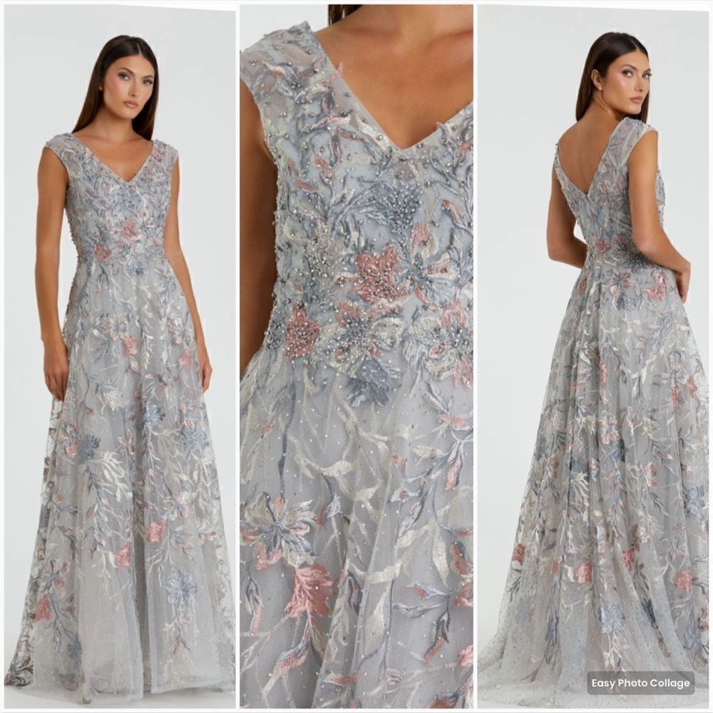 Mac Duggal 20263 Gray Embroidered Illusion Cap Sleeve A Line Gown